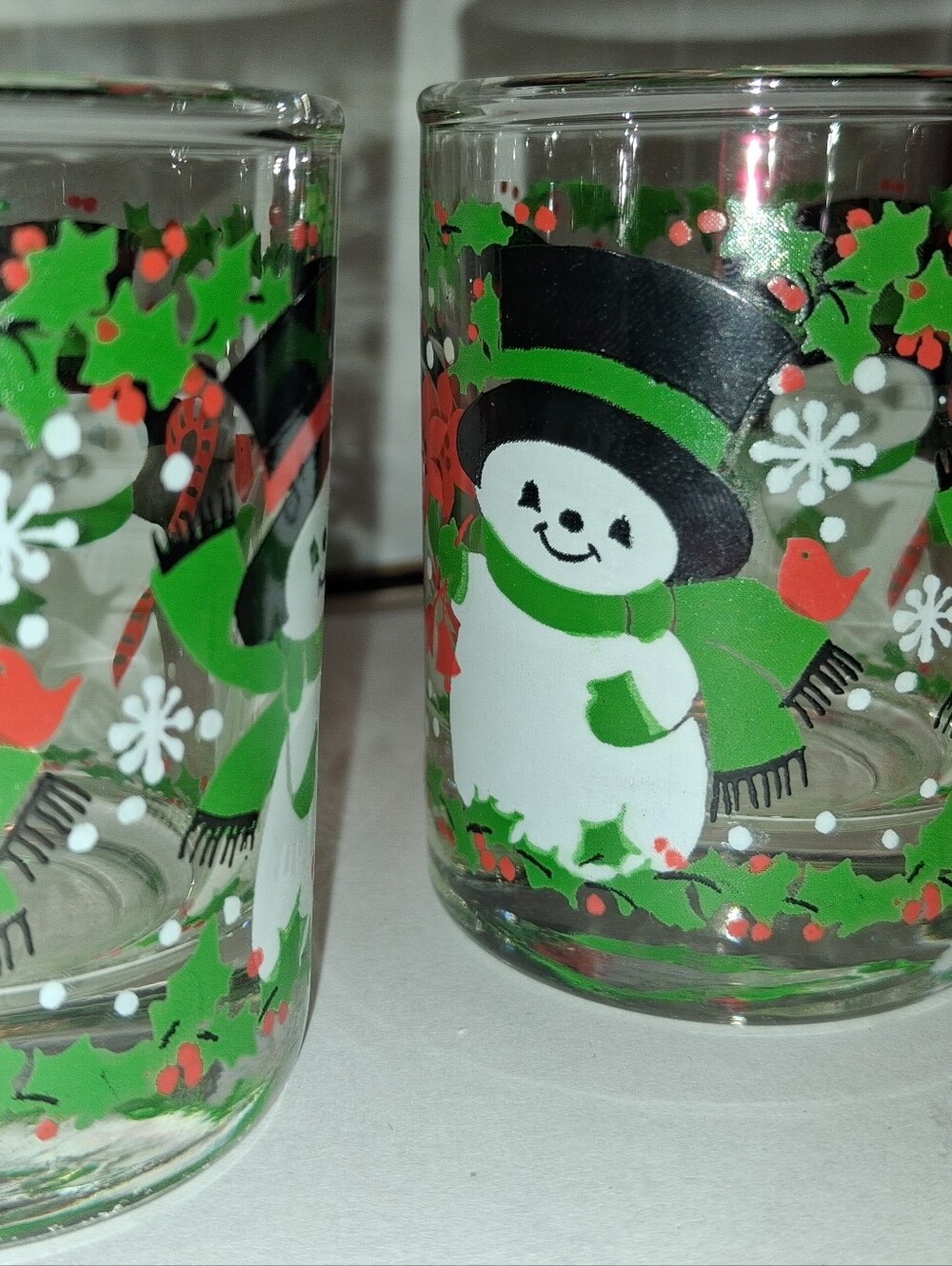 2 Festive Snowman Holiday Shot Glasses - Green & Red (Vintage)